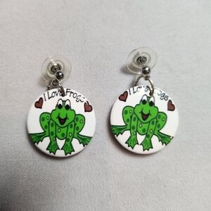 Hand Crafted Green Frog Earrings with Heart Accents